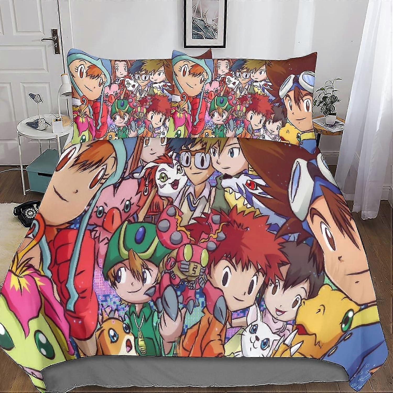 Digimon-geïnspireerd beddengoed dekbedovertrek Set, 3D digitale monsters Print Quilt Cover, microvezel 3-delige set met kussenslopen
