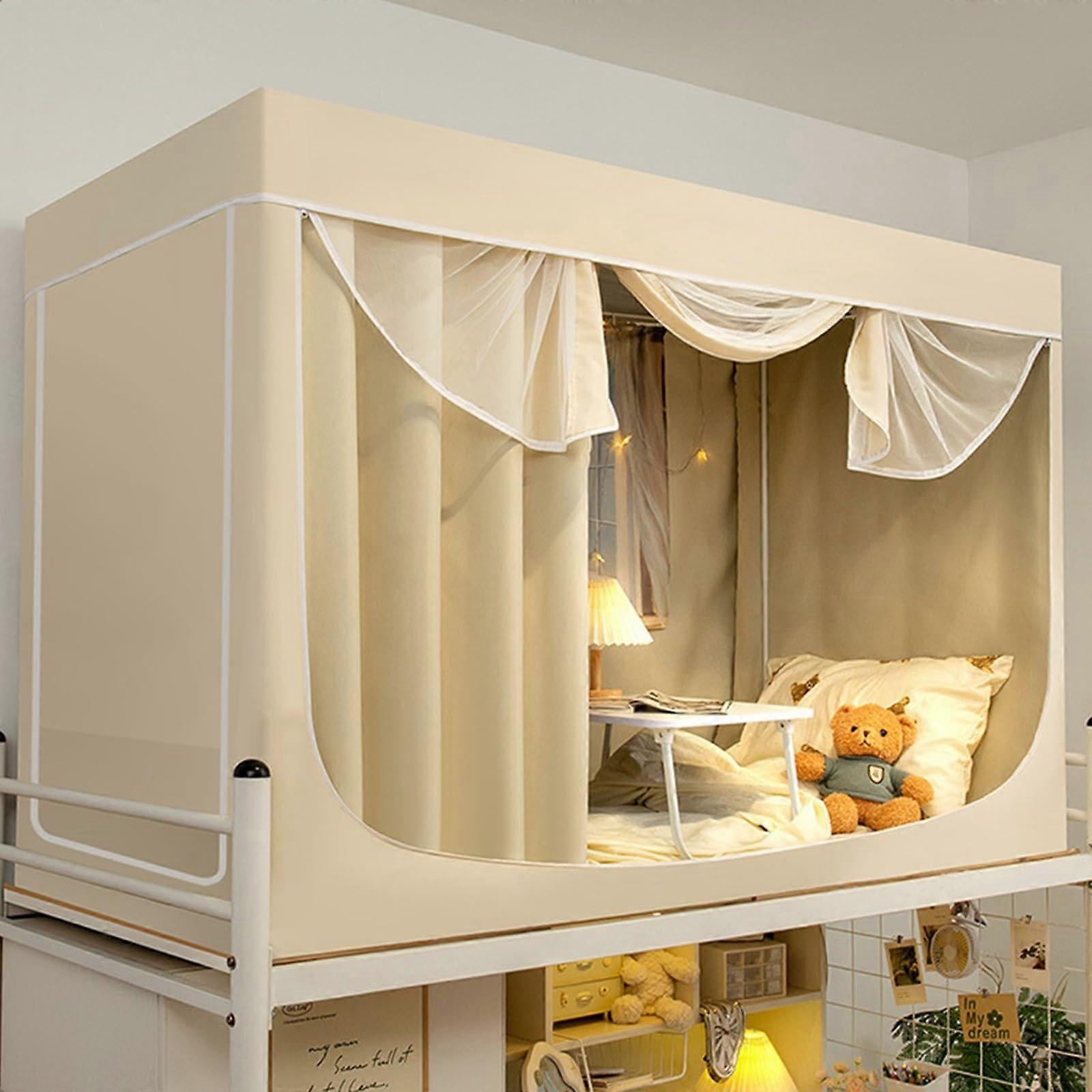 AllinOne Single Bed Retractable, Sturdy Bracket Curtain Bunk Bed PushPull Opening Bed Curtain Bunk Bed Family Camper (4 Sides, SingleBEIGE)
