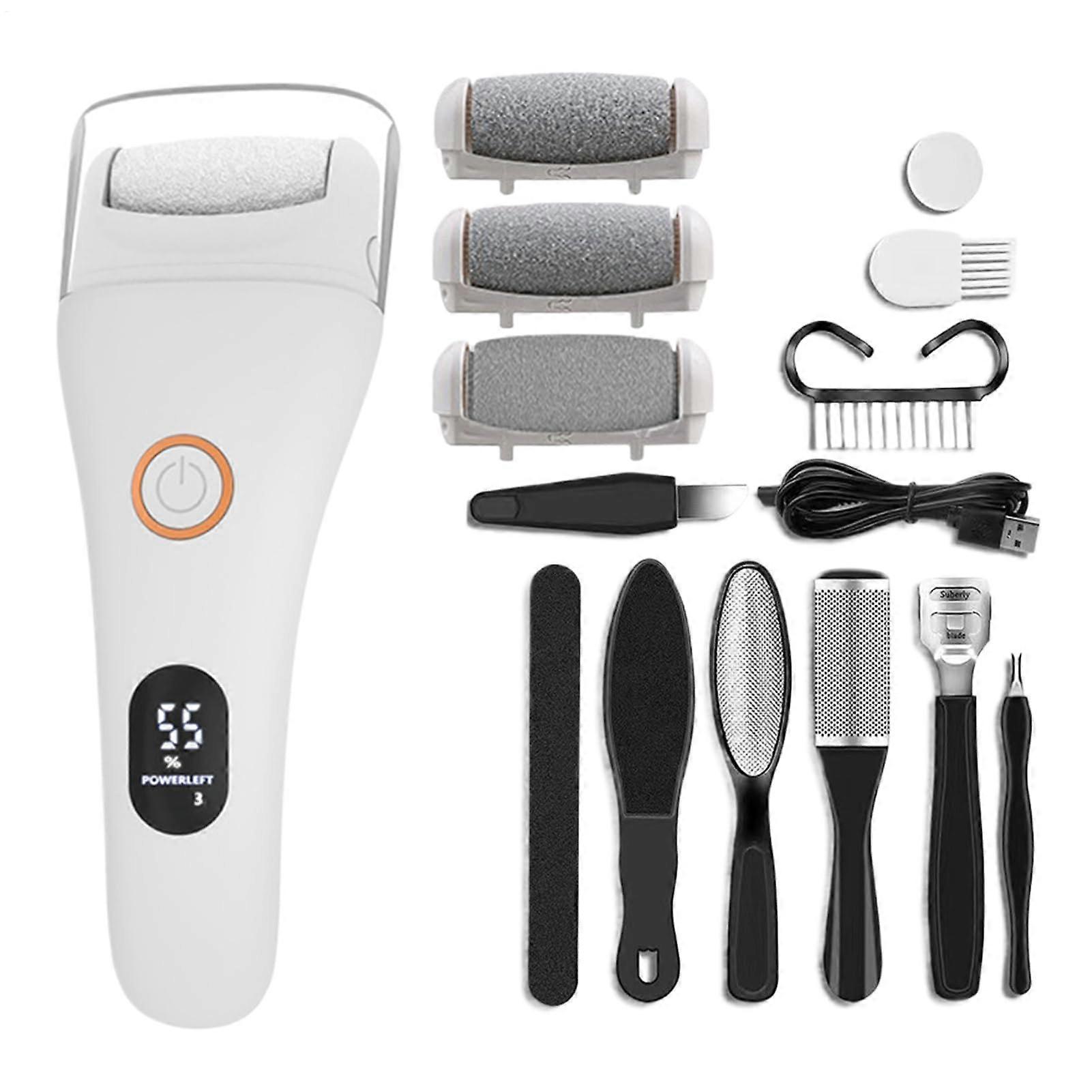 Electric Foot File | Cordless Portable Callus Remover, Robust Home Pedicure Tool, White for Spa and Shower