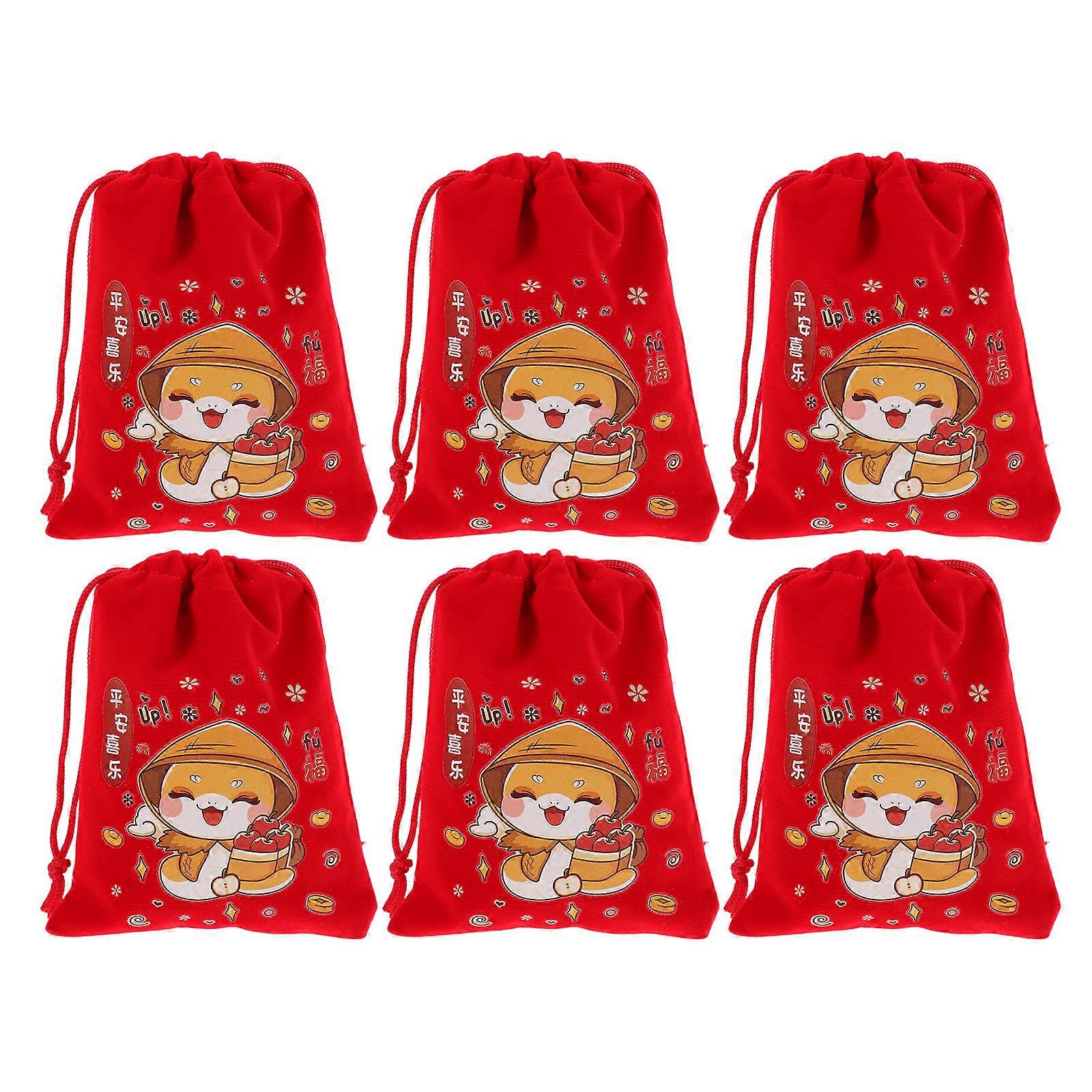 Reusable Storage Bag with Drawstring Closure for Chinese New Year Gifts and Candies 6pcs Red Cloth Bags