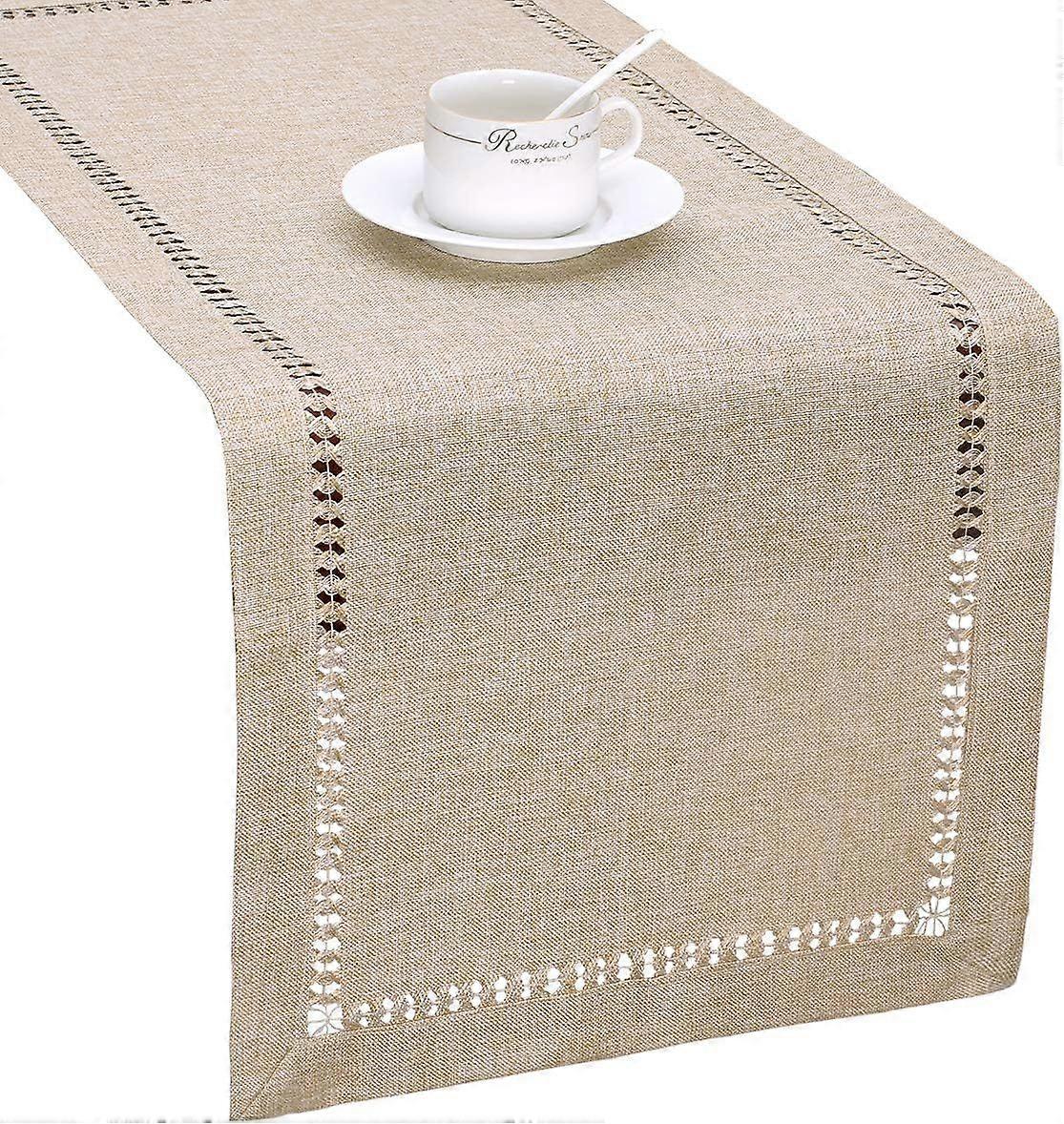 Handmade Hemstitch Beige Table Runner, Rectangular 14 by 90 Inch Beige  14 x 90