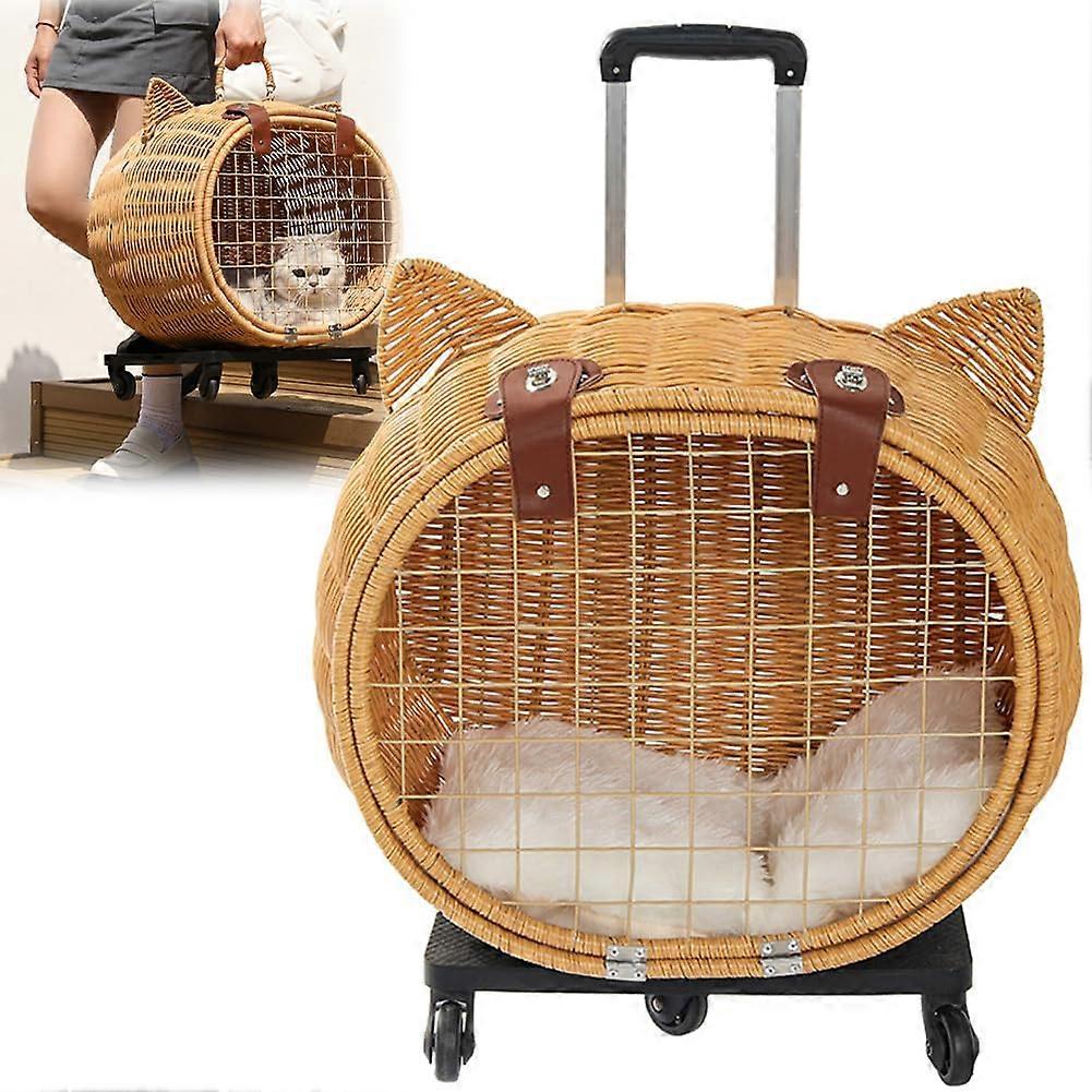 Cat Trolley With Wheels Handmade Bamboo Woven Pet Carrier, Portable Outdoor Rattan Trolley Bag For Cat And Small Dog
