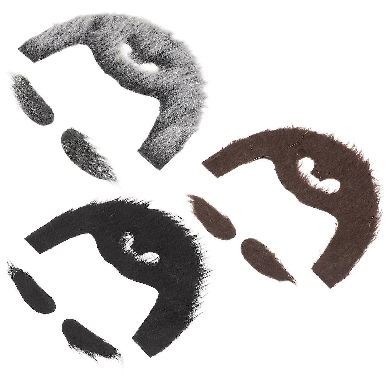 Carnival Dress Up Beard Fake Mustache and Eyebrows Set for Adult Human Use Assorted Color Polyester Material Party Use 3sets