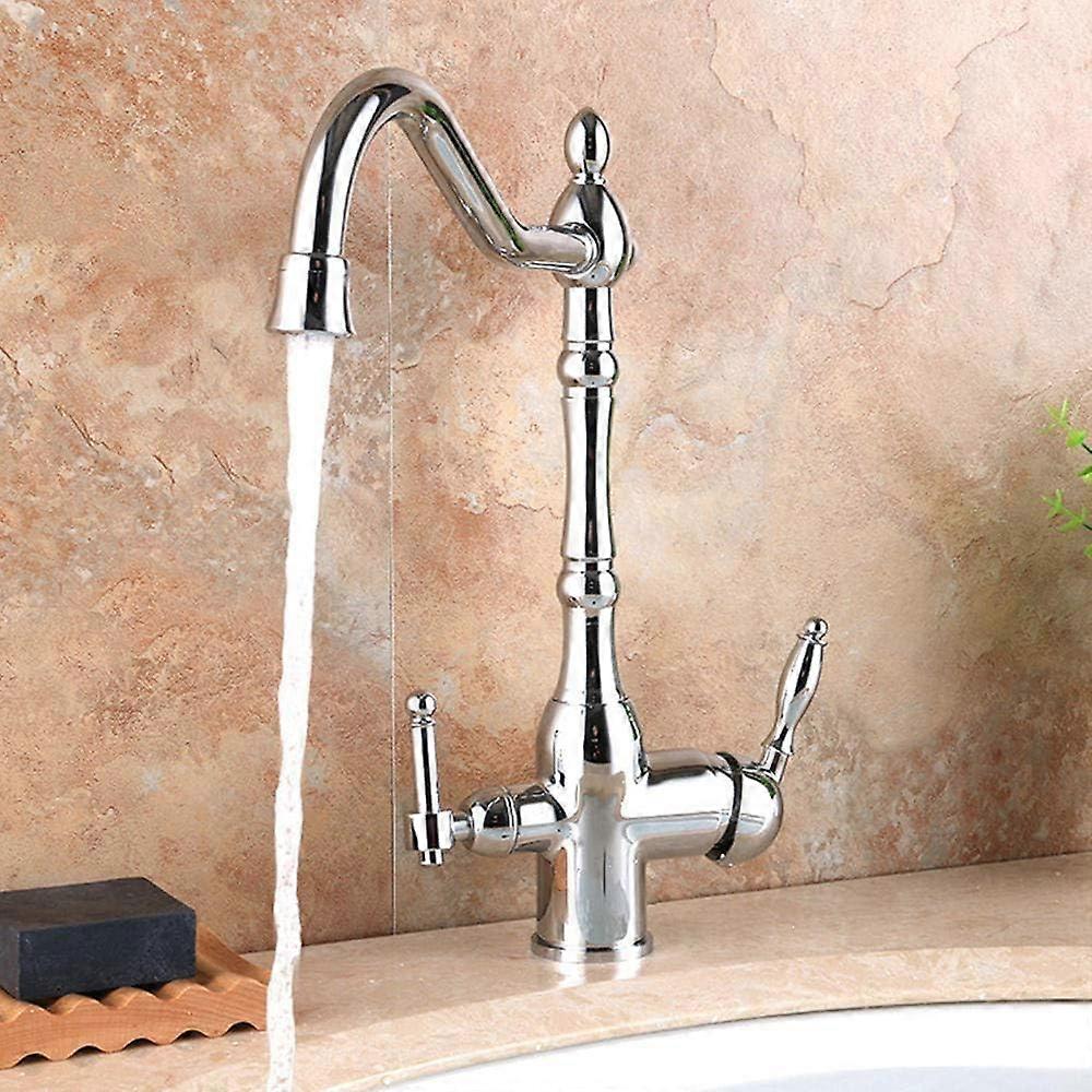 3 Way Water Filter Tap Brass Kitchen Sink Mixer With Swivel Spout And 2 Handles