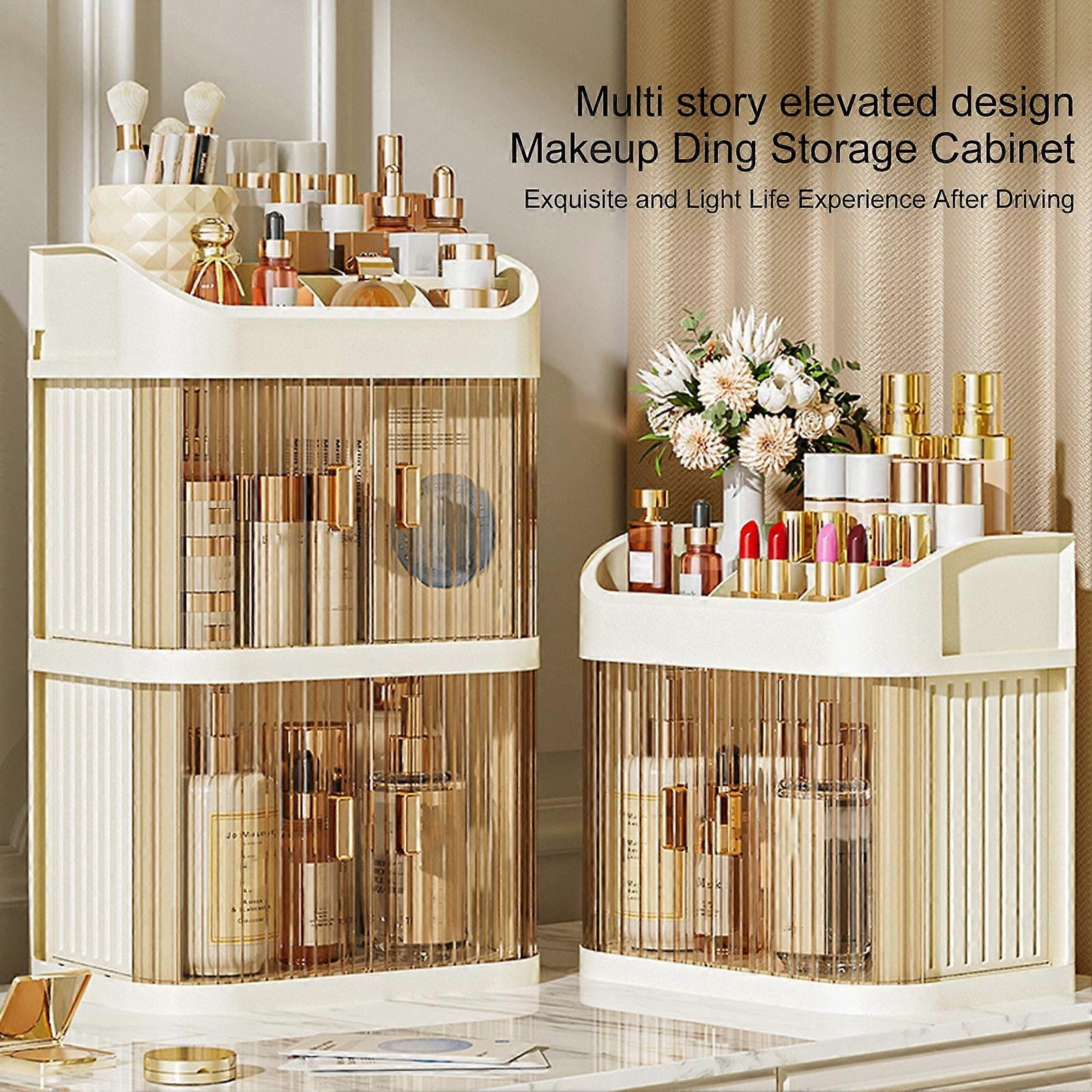 SUSUchens Makeup Storage Box, Large Capacity with Transparent Door, Multi Compartments, 3-Layer Desktop Cosmetic Organizer, Beige - Compatible with