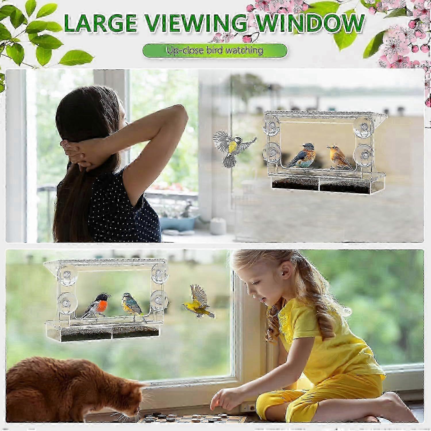 Window Bird Feeder for Outdoors with Strong Suction Cups, Acrylic Clear Window Bird Feeders for Viewing with Large Capacity Detachable Seed & Wat