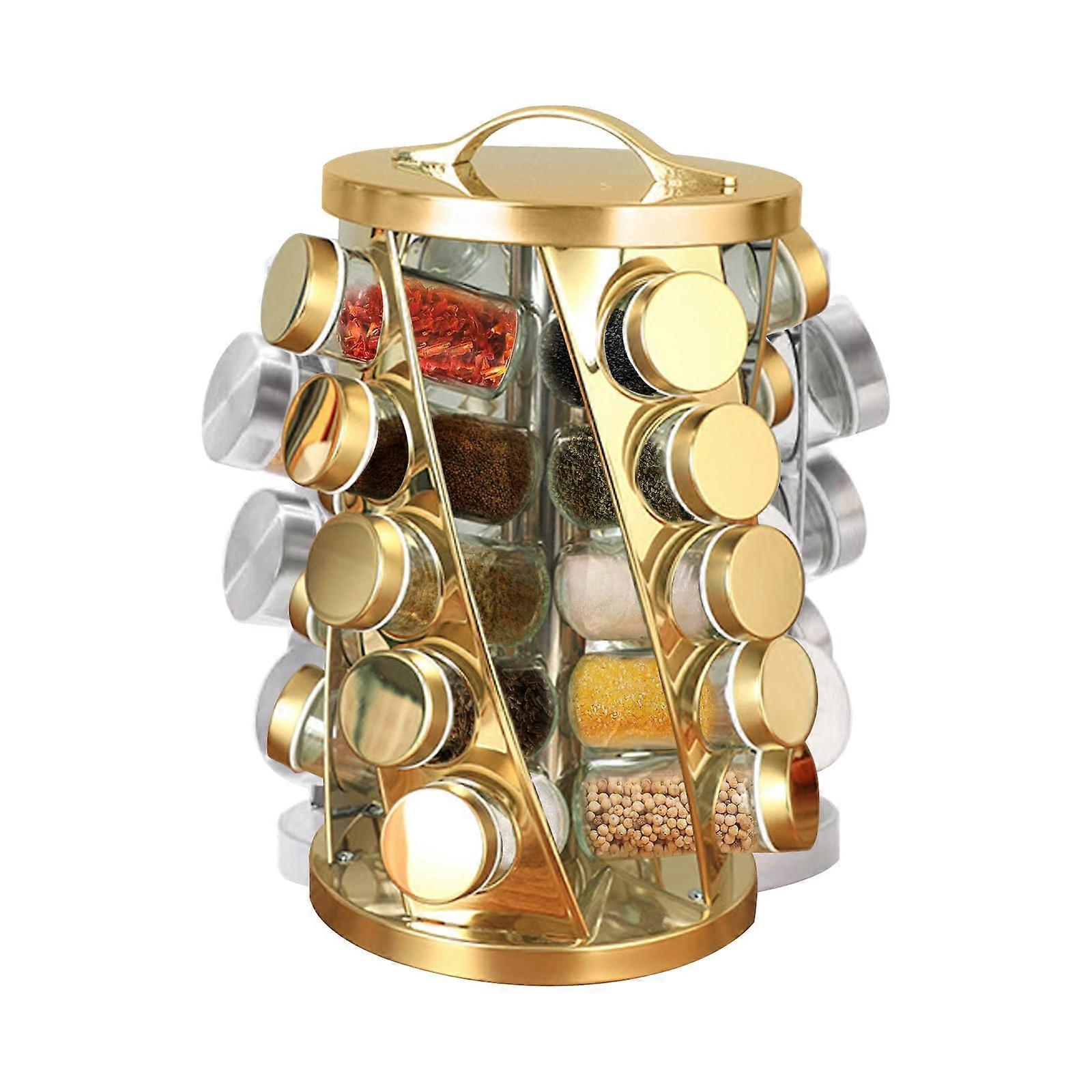 Gold Rotating Spice Rack with 20 Clear Glass Jars and 360° Base Kitchen Countertop Organizer