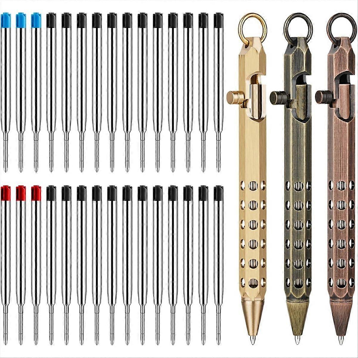 3Pack Bolt Action Pen Set, Hexagonal Solid Brass Pocket Pen with 30 Ballpoint Refills A
