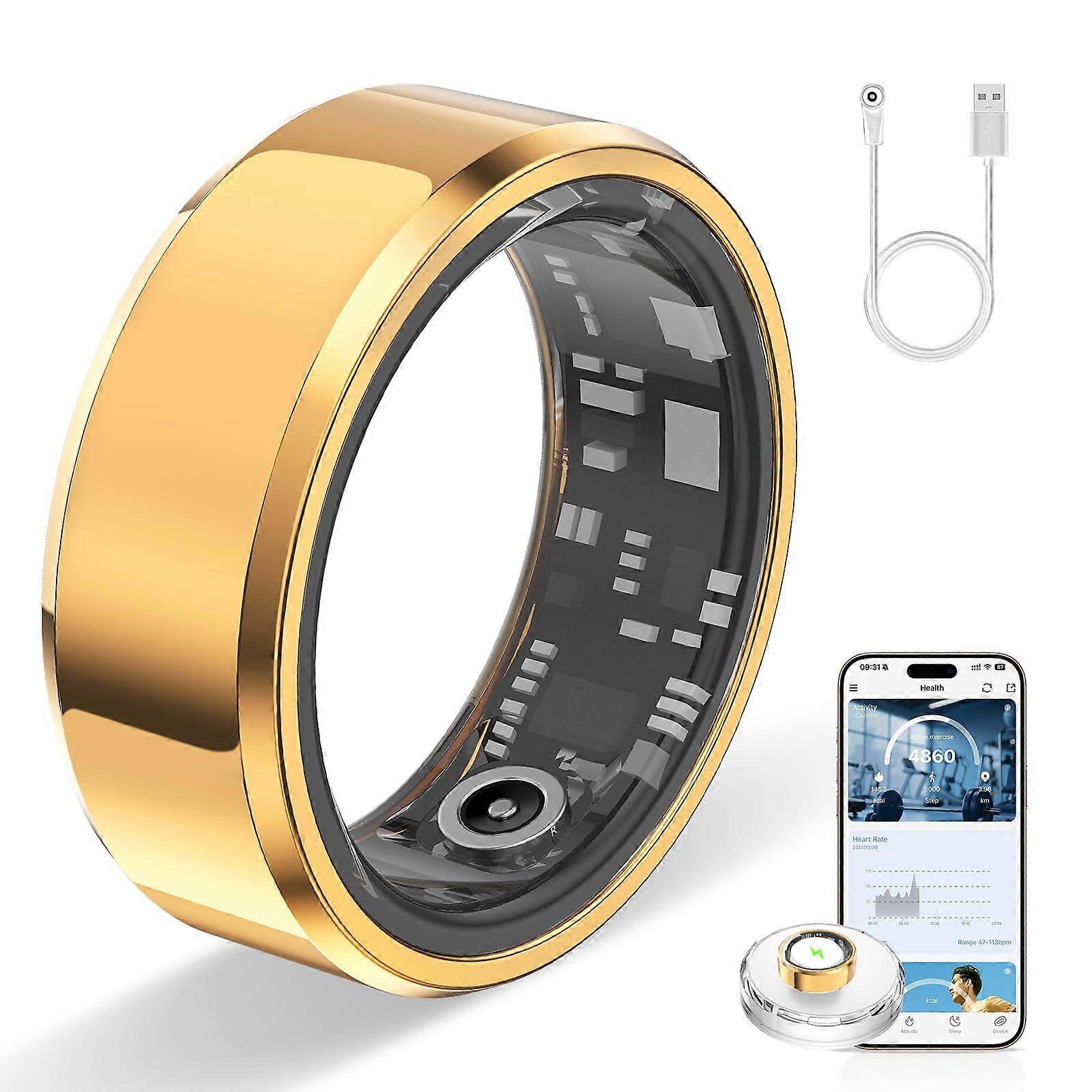Smart Ring with Heart Rate and Sleep Monitoring, Long Battery, IP68 Waterproof Fitness Health Tracking Ring for iOS and Android, Gold #8