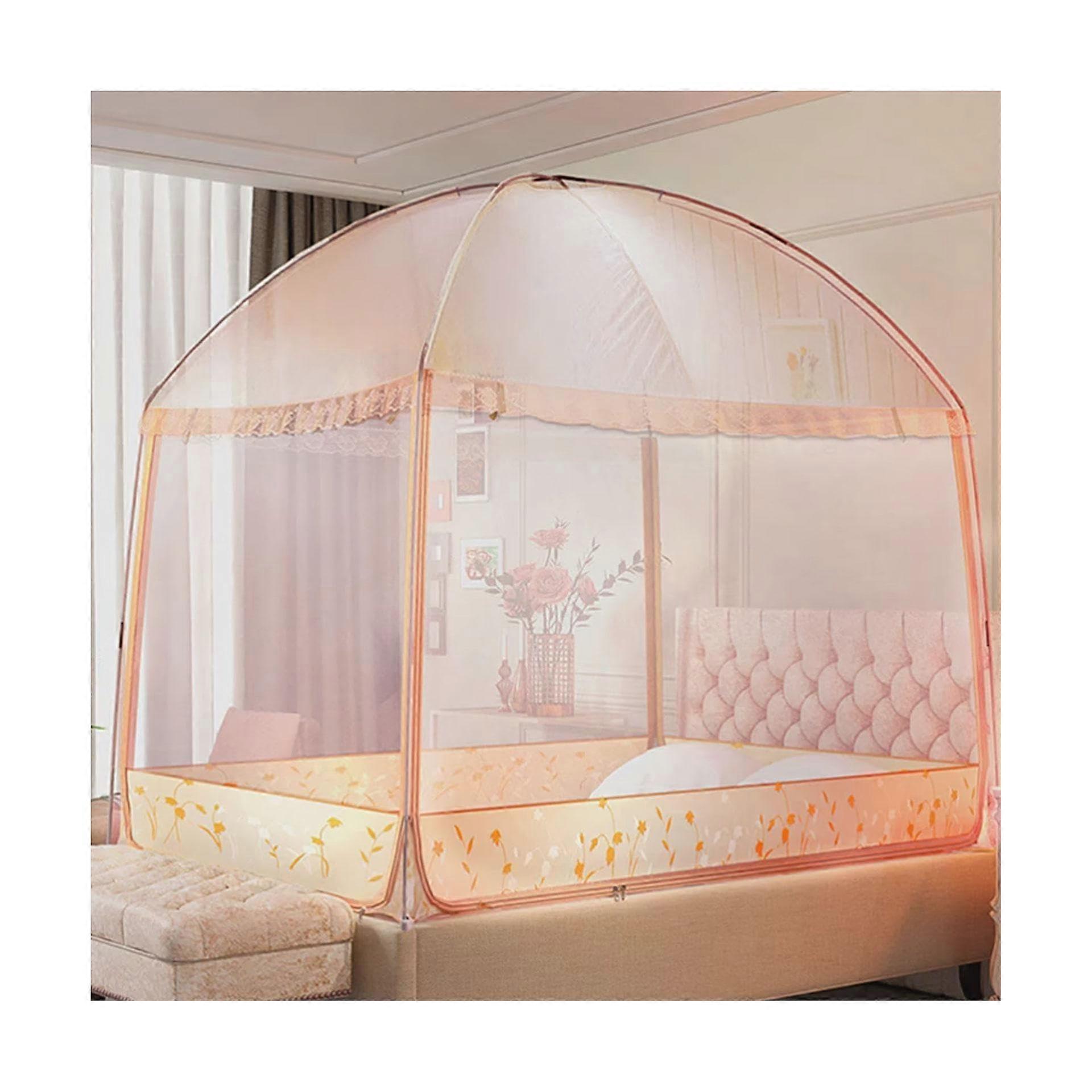 Mosquito Net Tent Folding ThreeDoor Dome with Zipper Breathable Polyester for Bed 200x120x160cm Orange