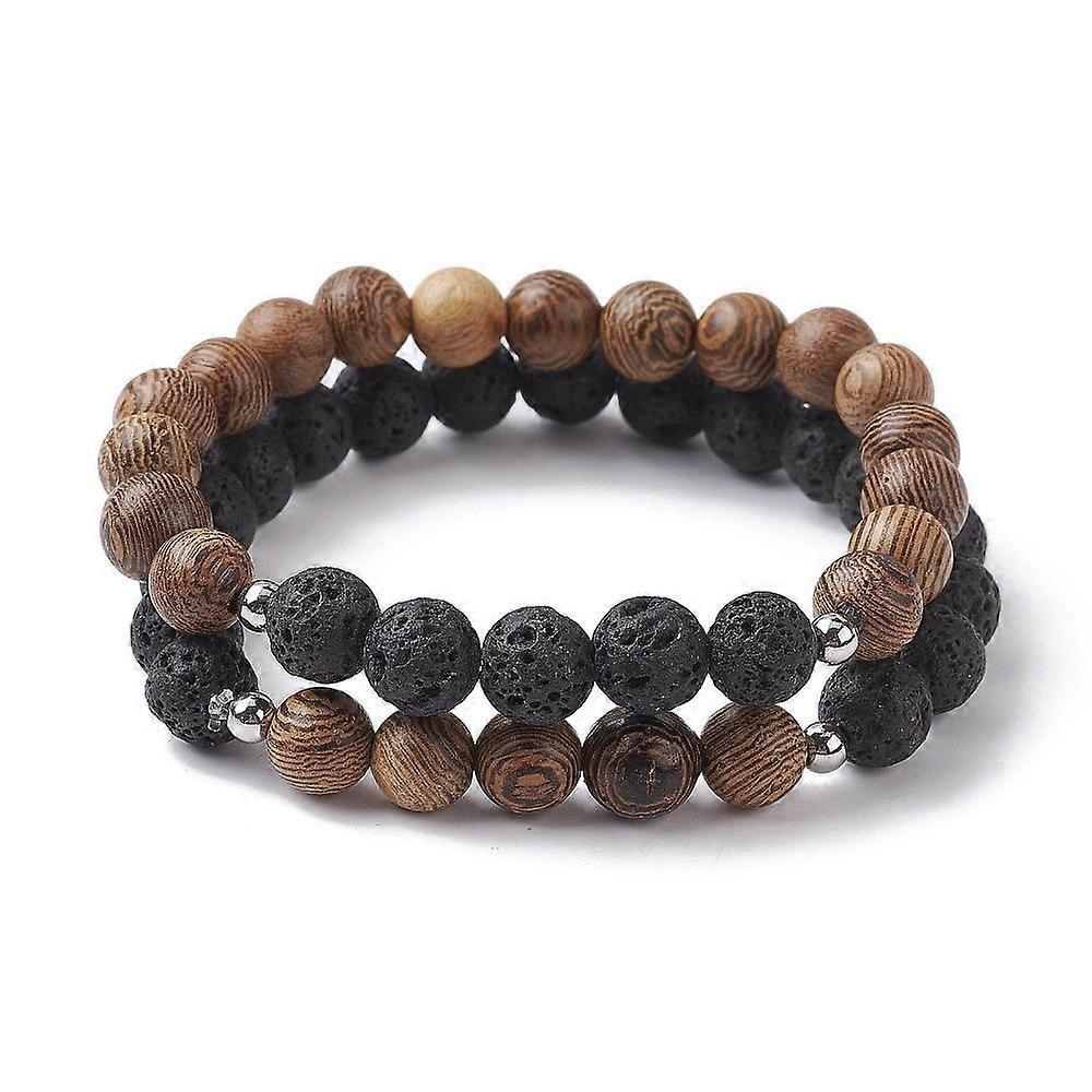 Natural Lava Rock Wooden Round Beaded Stretch Bracelet Mixed color Inner Diameter: 2 inch(5cm) 2pcs/set