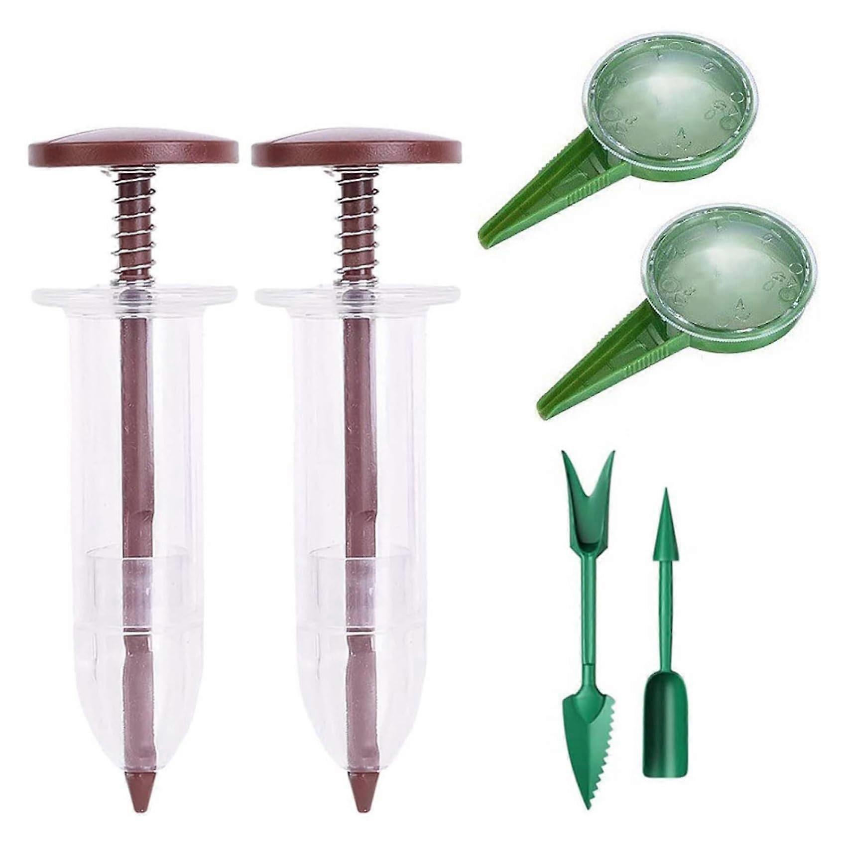 6Pcs Seed Sower Set with Adjustable Dispenser Mini Spreader Dibber and Widger Tools Coffee Color
