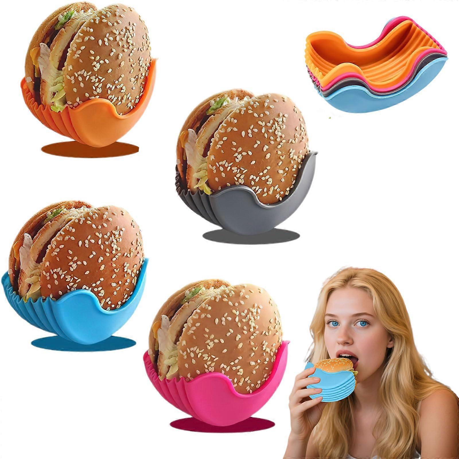 4 PCS Adjustable Silicone Burger Holder Clip Set, Mess Eating, Reusable, Dishwasher Safe, MultiColor