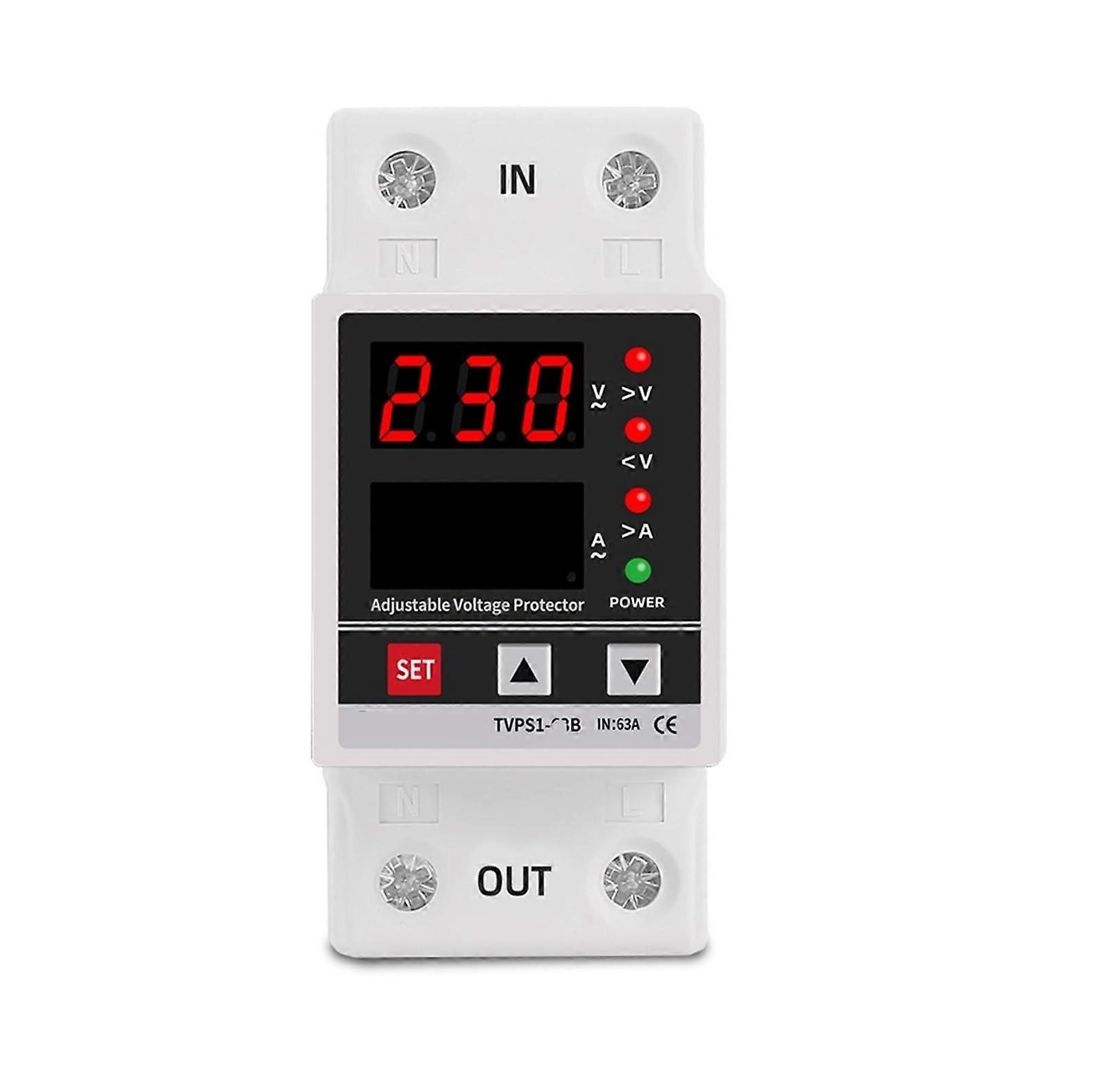 Voltage Protection Relay 63A DIN Rail Adjustable Over and Under Voltage Protector with Dual Display