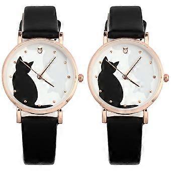 2 Stück weibliche Uhren Katze Muster Armbanduhr Gürteluhr Frauen Freizeituhren