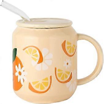 Porcelain Mug with Lid and Straw, 13 Oz Water Cup with Handle, Cute Orange Pattern