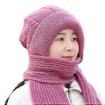 Women Winter Thick Knitted Hats Windproof Ear Protection Fleece Lined Hooded Scarf Hat Neck Warmer Thermal 26-27
