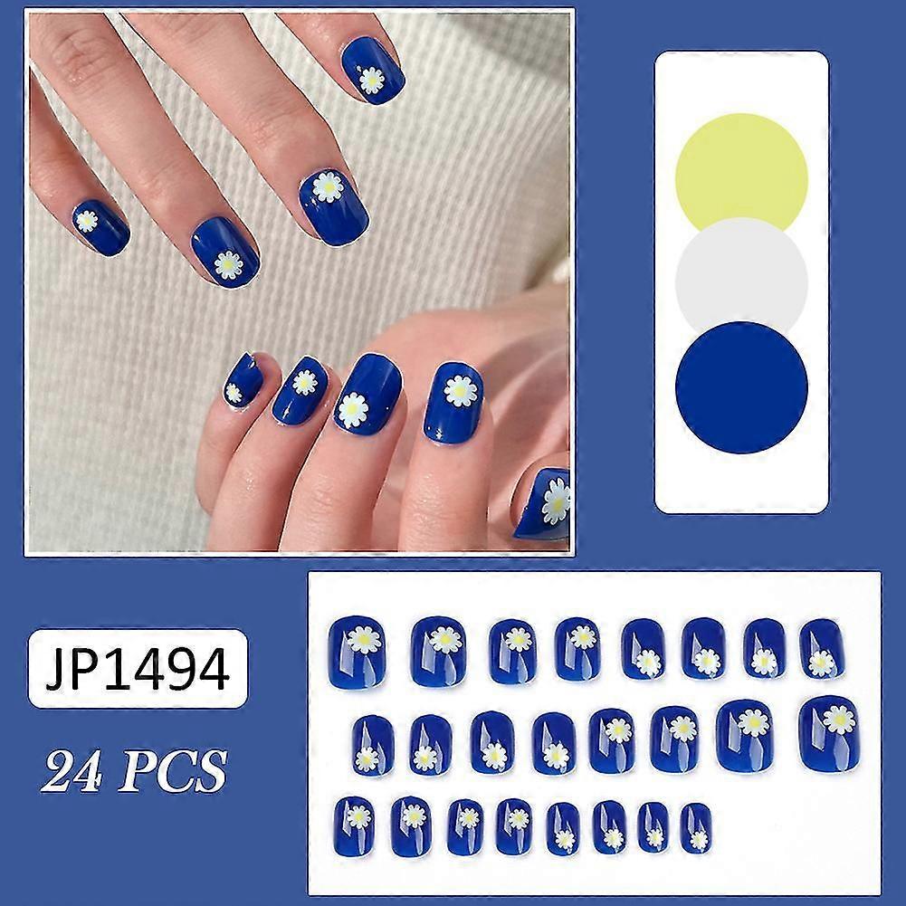 24pcs Blue Little Daisy Pattern False Nails Durable False Artificial Nails