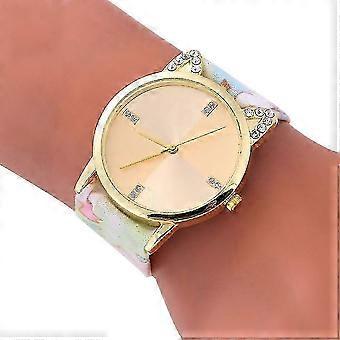 Beige Rhinestone Studded Print Dial Quartz Wrist Watch Decoration for Women, Simple Fashion, Soft Band