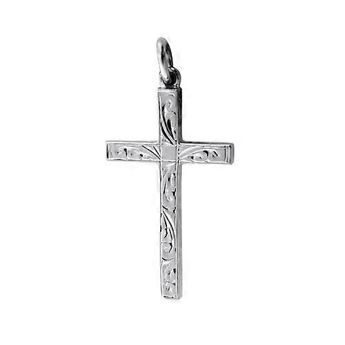 9ct White Gold 30x18mm hand engraved solid block Cross