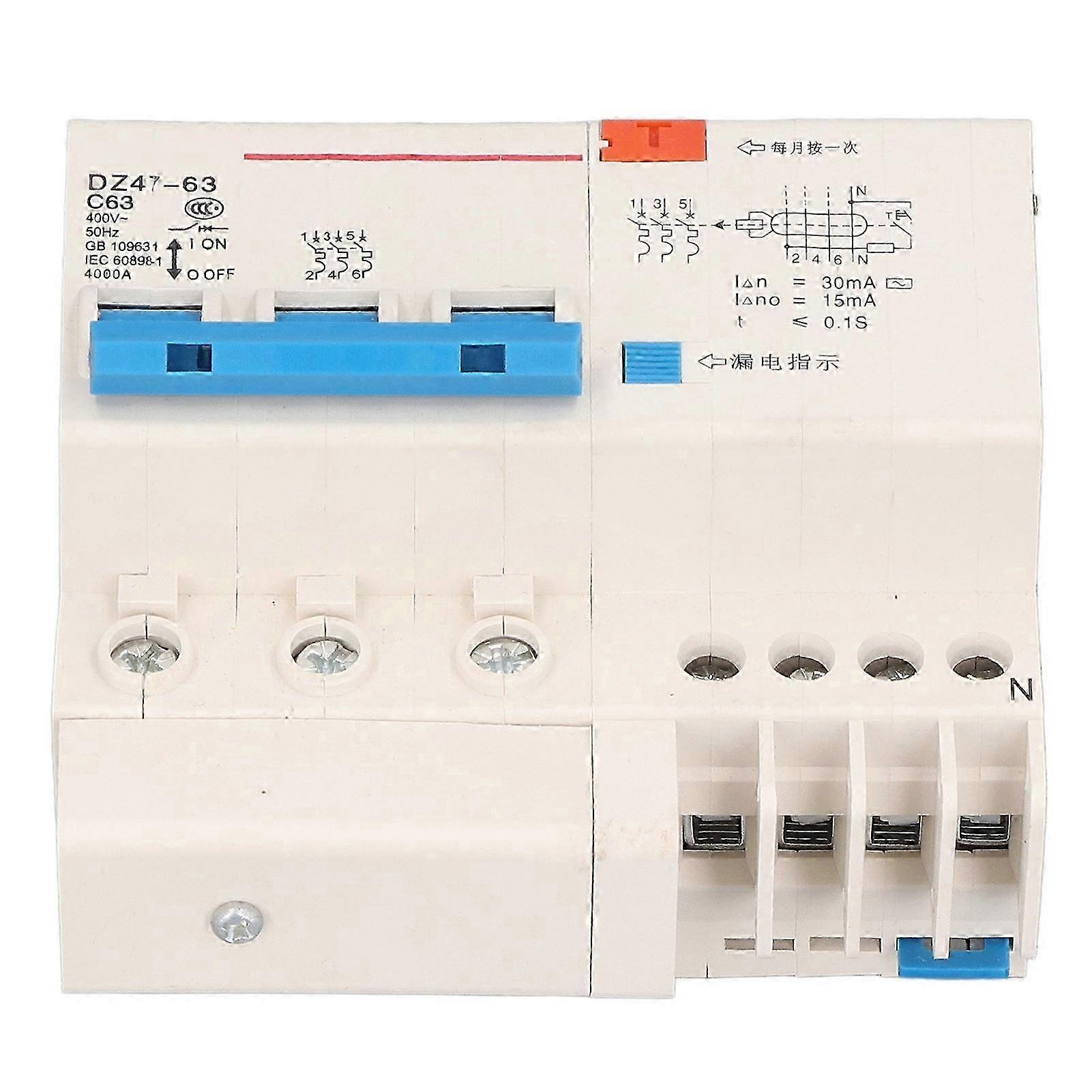 Circuit Breaker 3P 63A 220V Overload Short Circuit Leakage Protection Residual Current Circuit Breaker for 50/60Hz