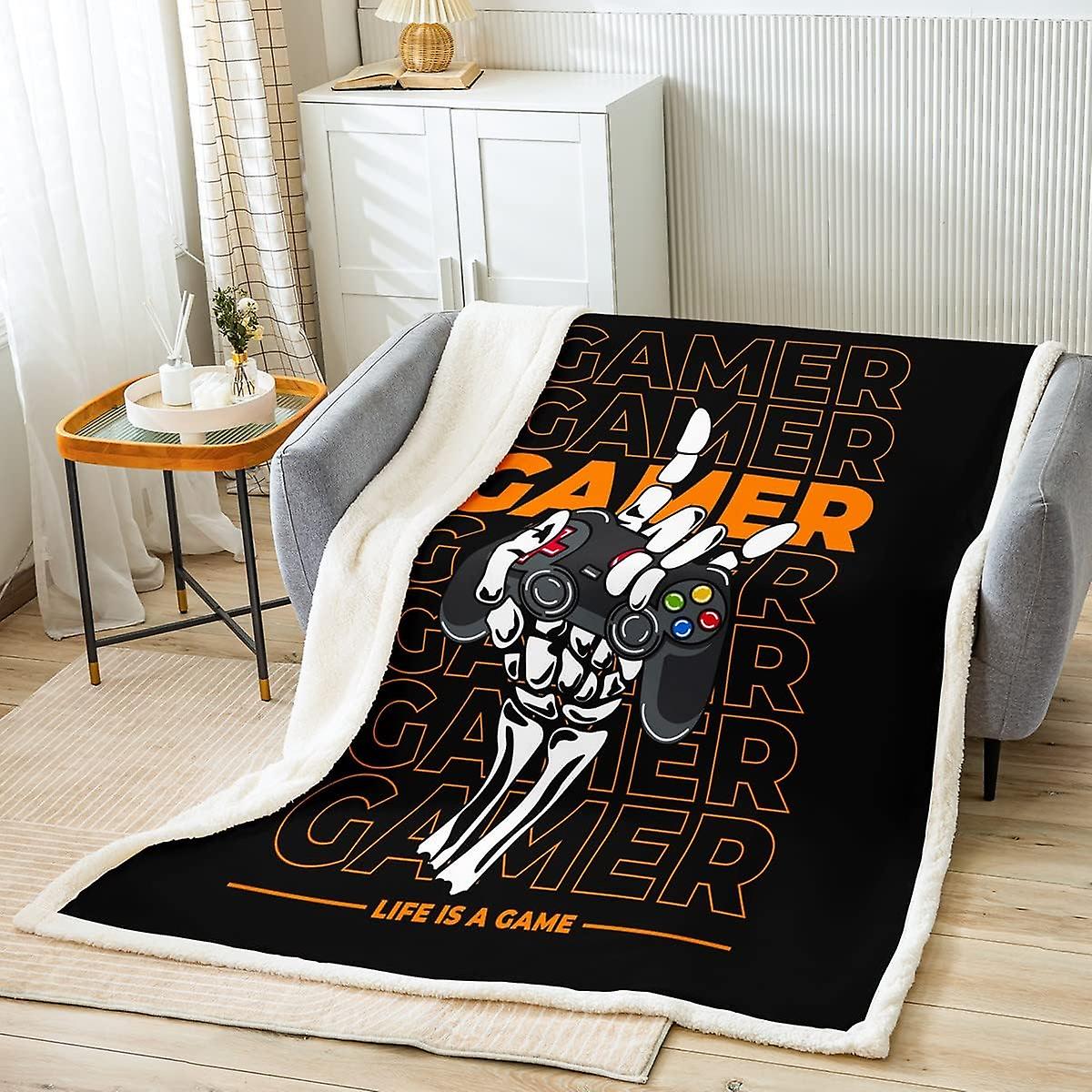 Gaming Fleece Throw Blanket for Bed Sofa Gamer Gamepad Plush Blanket Video Game Fluorescent Orange Sherpa Blanket Game Controller Warm Fuzzy Blanket B