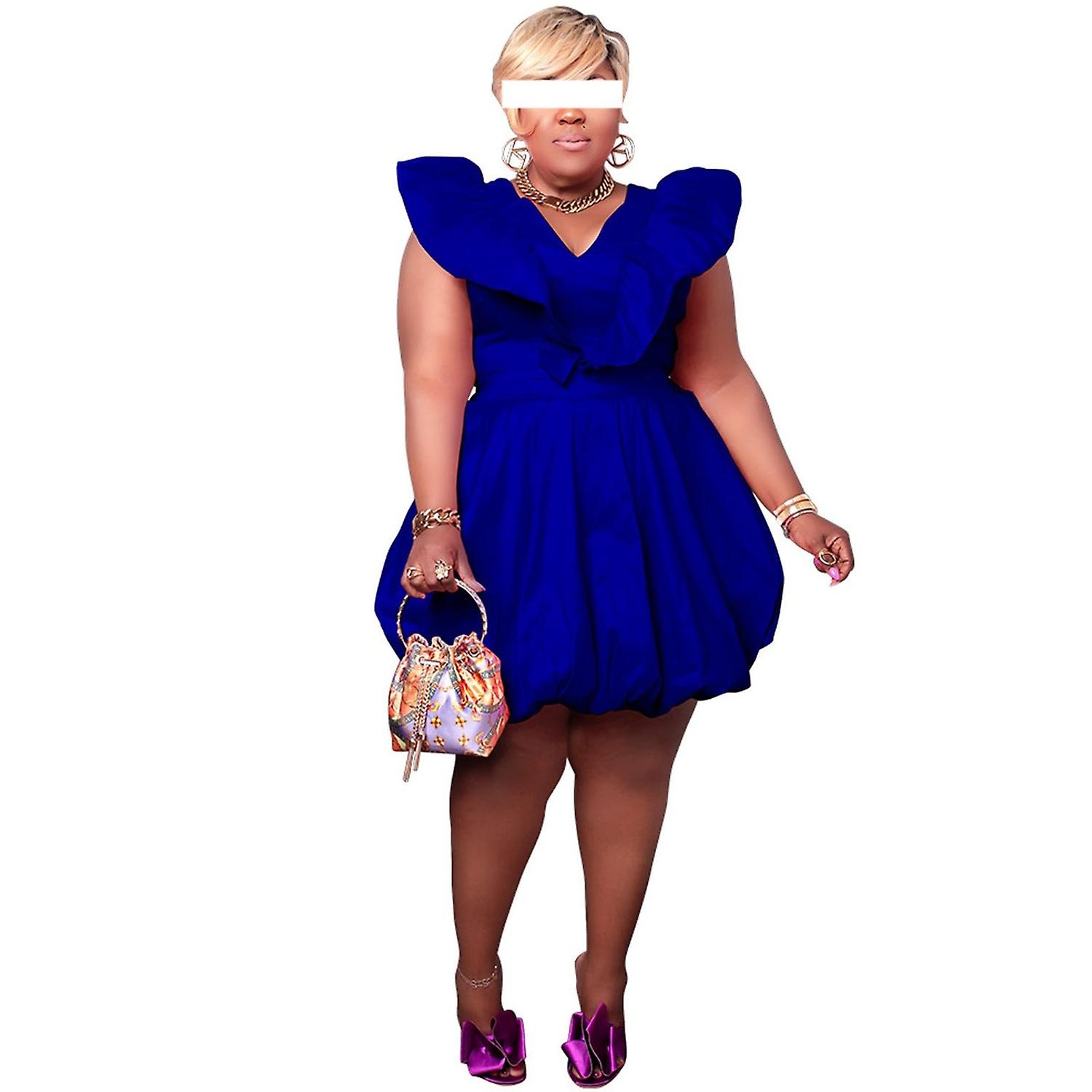 Women's Deep V Neck Puff Sleeve Dress Sexy High Waist Flare A-Line Ruffle Elastic Mini Fluffy Bubble