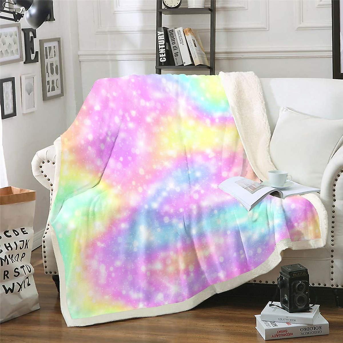 Bunte Girly Fleece Decken Stilvolle Glitzerdecke für Kinder Mädchen Frau Mehrfarbige Farbverlauf Decke Decke Boho Psychedelic Plüsch Decken SoftLuxu