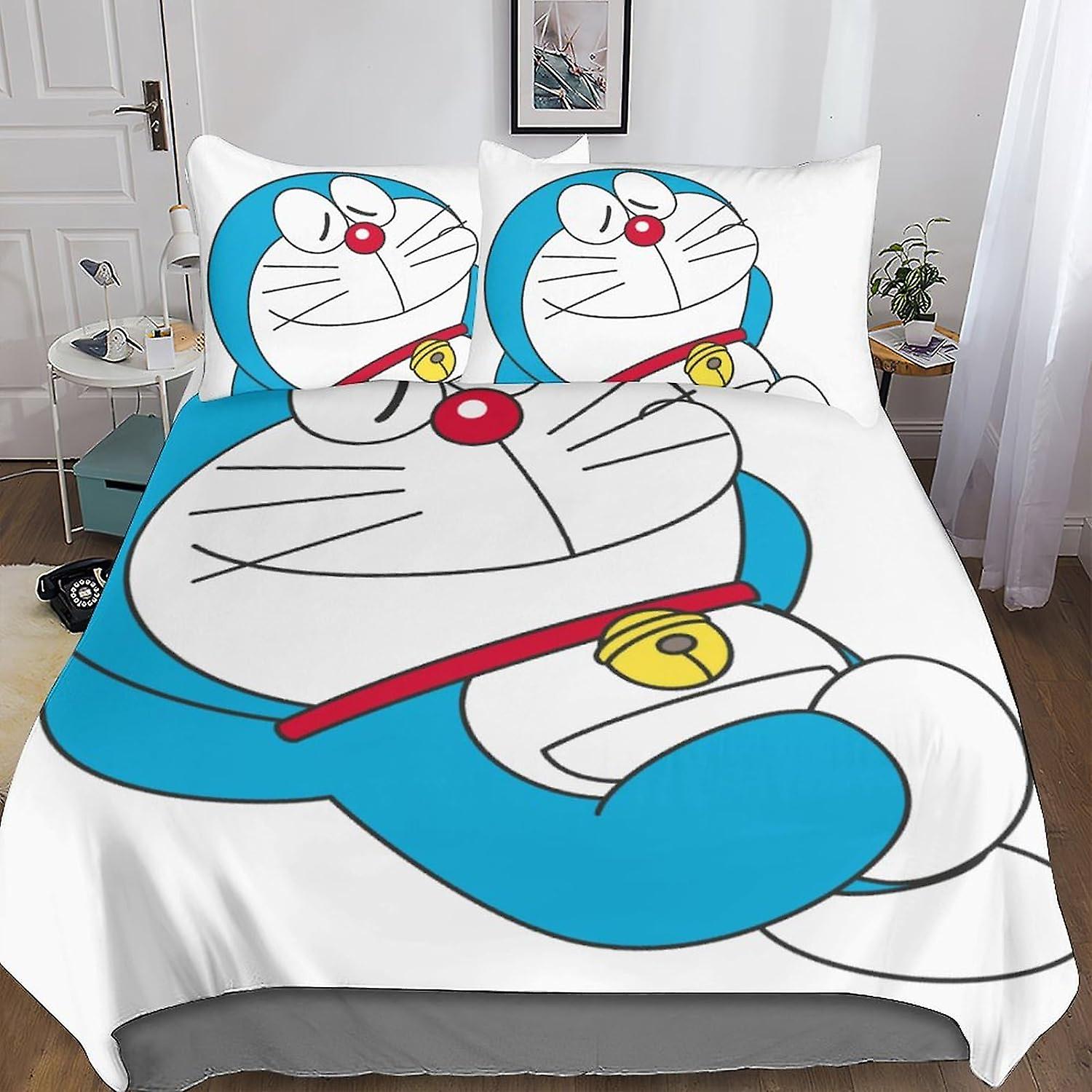 VCLUST Doraemon 3D Zestaw pokrowców dla dzieci Chłopcy Nastolatki Poszwa na kołdrę, 3-częściowy zestaw pościeli Śliczna poszewka na kołdrę anime, poszewka na kołdrę z poszewkami na poduszki Soft Micr