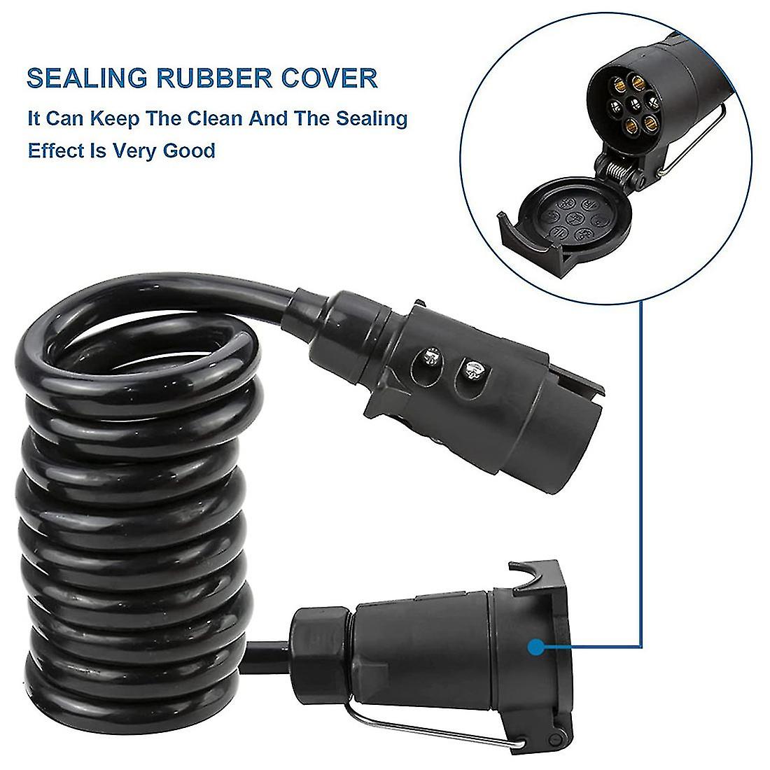 3 Meters 7Pin Trailer Extension Coiled Cable with Trailer Plug Socket Connector, 7 Core RV Electrical Cable Connector