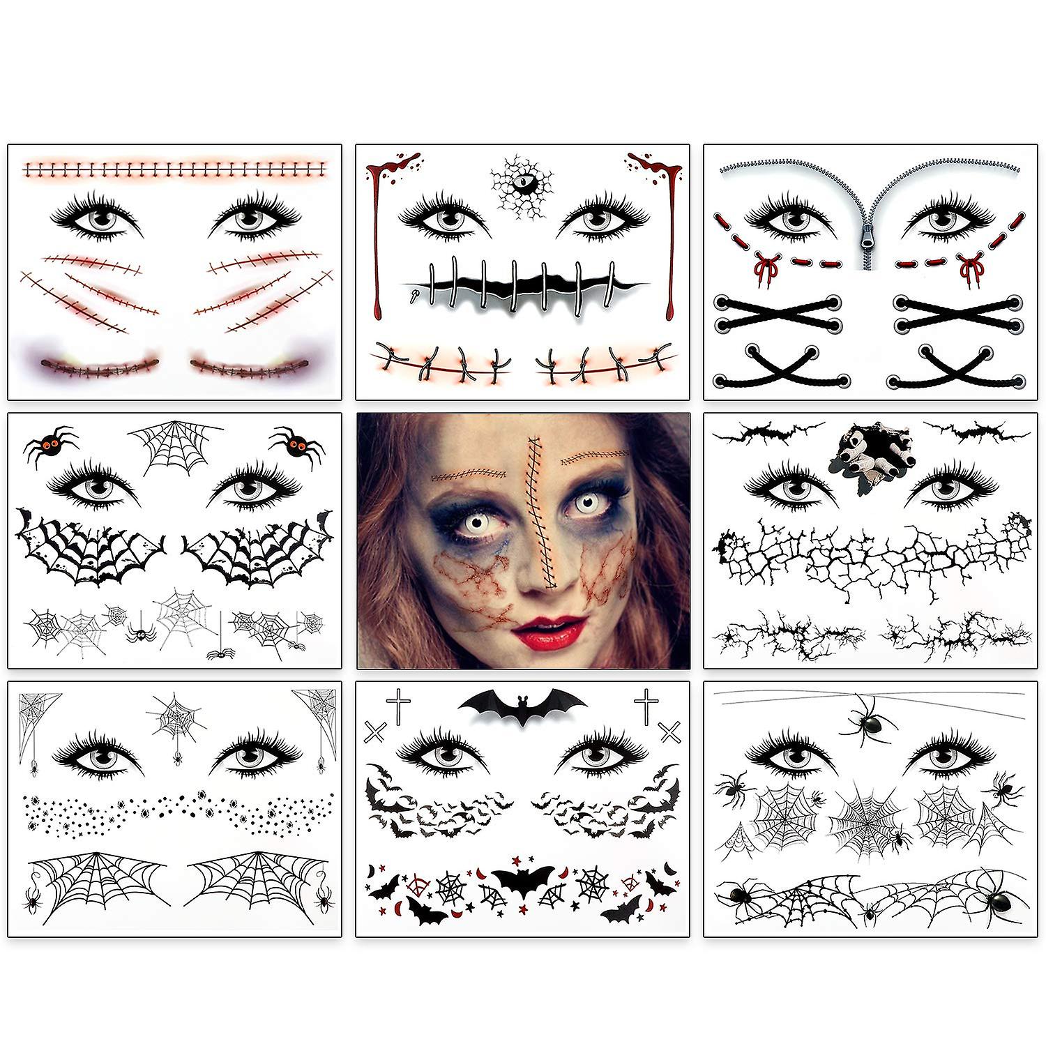9 Pack Halloween Tatouages Rampant Spider Bat Tatouages Fausses Cicatrices Spider Net Toile d’Araignée Tatouages Halloween Visage Tatouages Temporaires Tatouages Autocollants