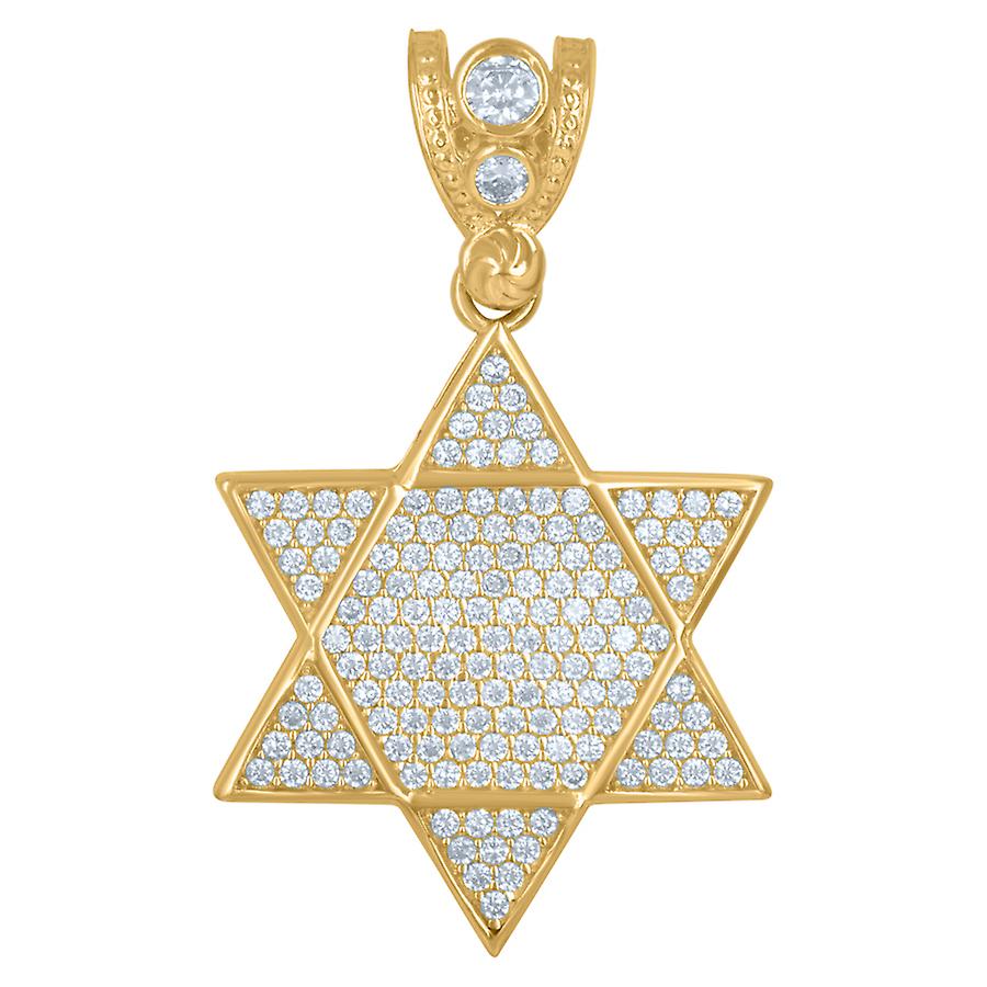 10k Yellow Gold Mens Cubic Zirconia Cluster Religious Judaica Star of David-Religious Charm Pendant 36.1x21.7mm Wide Nec