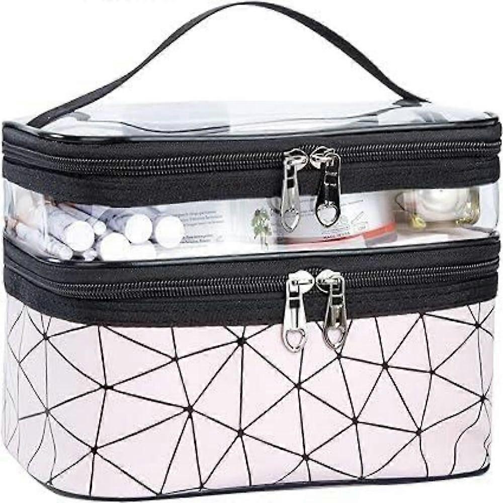 Portable Double Layer Plaid Cosmetic Bag with Brush Compartment