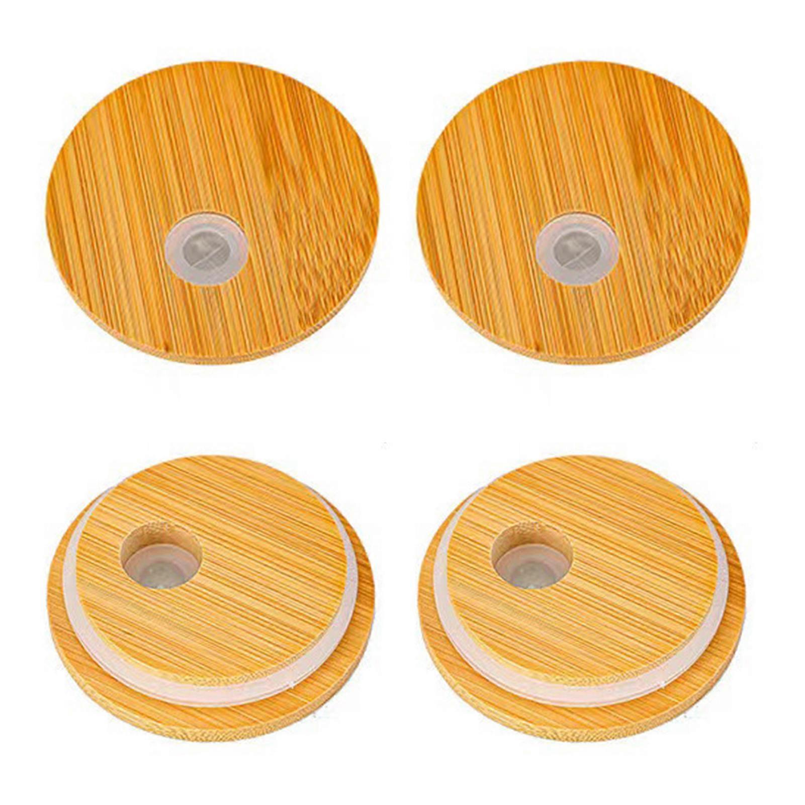 4 Pcs Bamboo Lid with Straw Hole Leak-proof Silicone Seal Lid 2.76inch Canning Lid Regular Mouth Jars Replacement Bamboo Lid for Beer Glasses Reusable