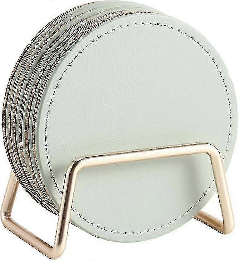 Set of 6 Green PU Leather Coasters with Metal Stand - Round Cork Base for Coffee Table