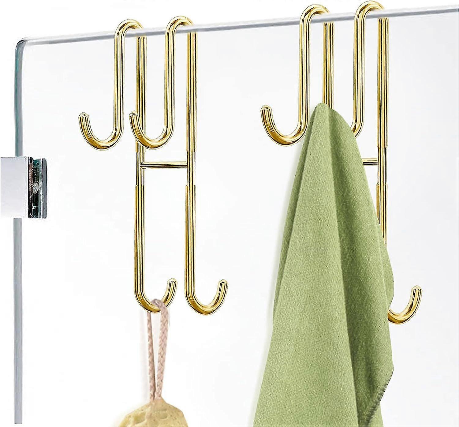 シャワードアフック、バスルームフレームレスガラスシャワードア用2ピースダブルタオルフック、頑丈なステンレス鋼バスルームフック、穴なし、ゴル