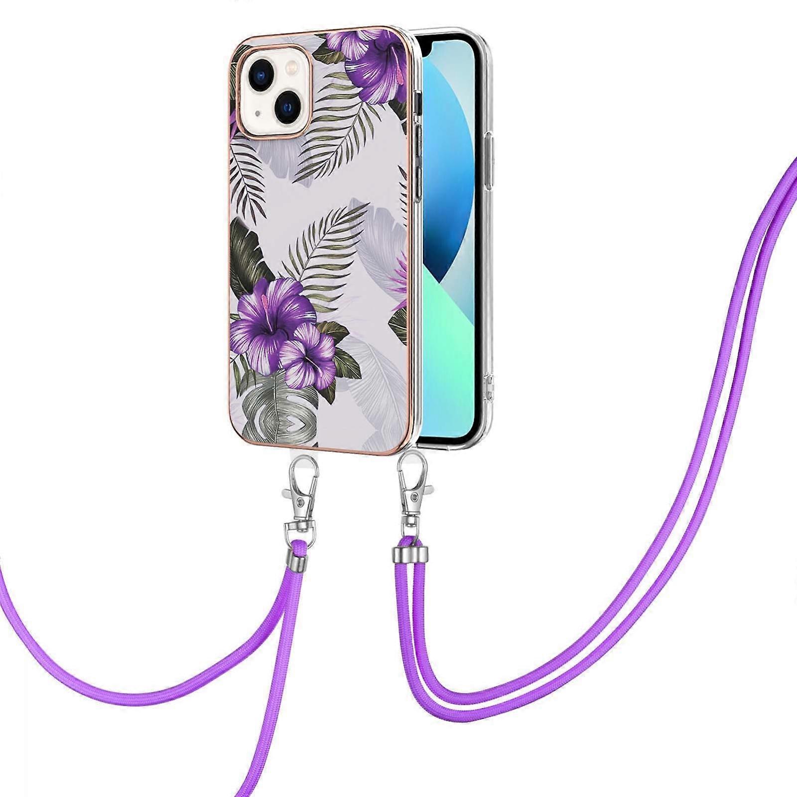 Electroplating Pattern IMD TPU Shockproof Case with Neck Lanyard For iPhone 14