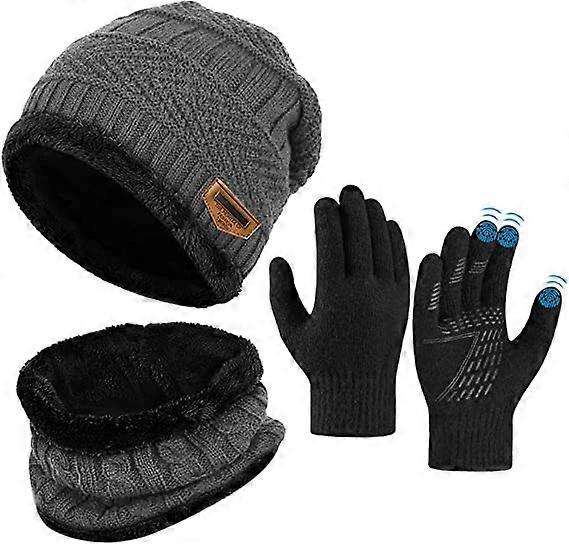 Enfants Hiver Chapeau Écharpe Gants - gris Chaud Thermique Tricoté Bonnet Cap Snood Cache-cou Écran tactile Anti-dérapant Mitaine Sports de plein air Doux Polaire Lini