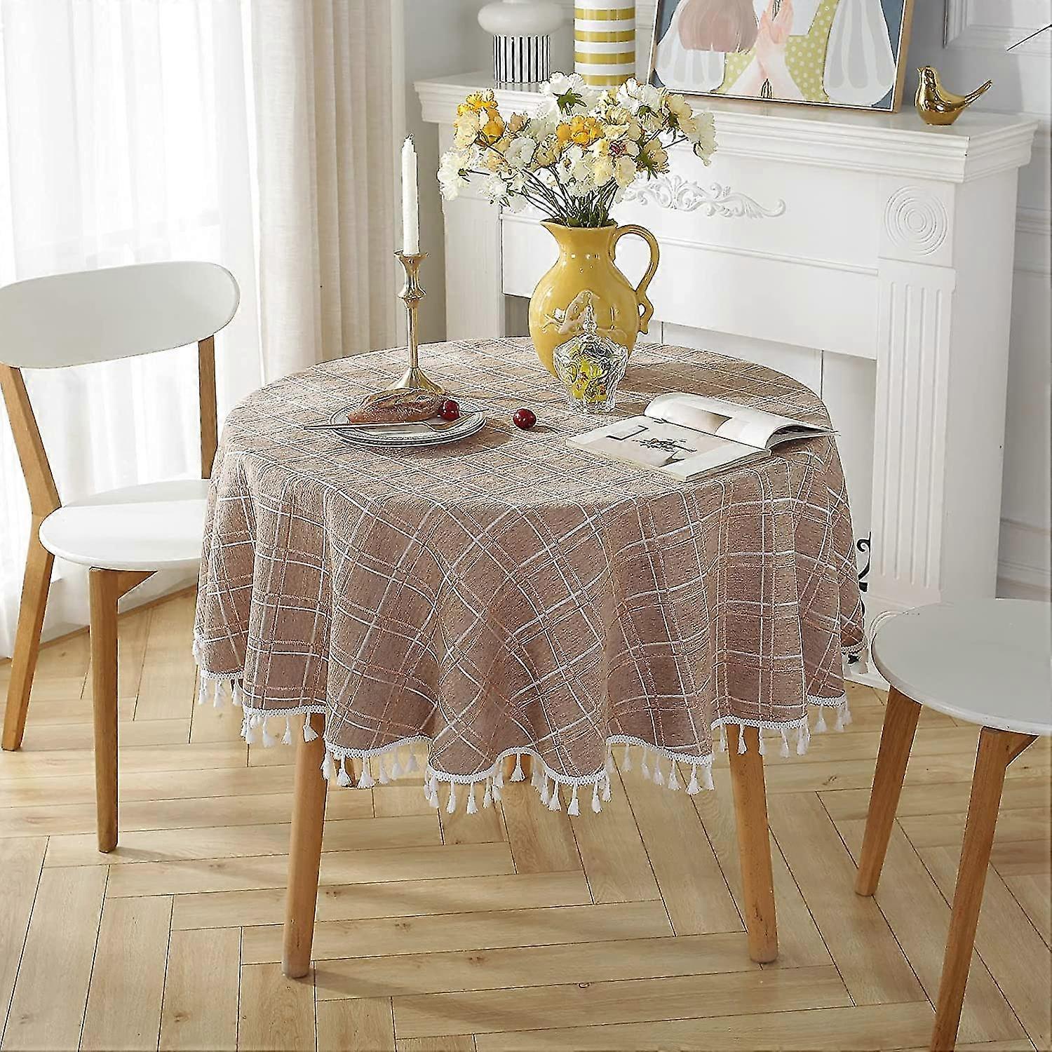 Cotton And Linen Round Table Cloth Anti-stain Fringed Tablecloth Washable Table Protector 140x140cm