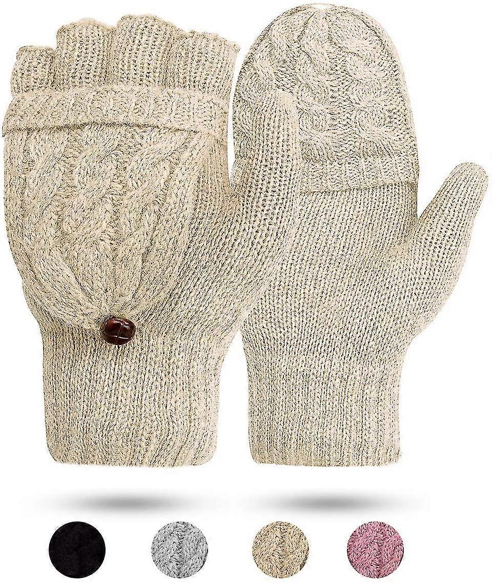 女性の手袋指なしミトン - レディースグローブ冬の暖かいニット指なし手袋ウールミトンフラップカバーテキストメッセージ手袋グレー