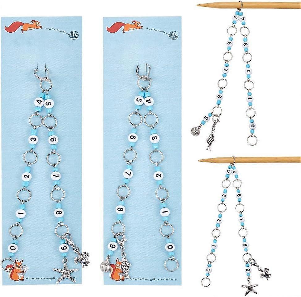 Sea Animal Glass & Acrylic Beaded Knitting Row Counter Chains and Starfish & Shell & Tortoise Alloy Charm Locking Stitch Marker Light Sky Blue 288~295