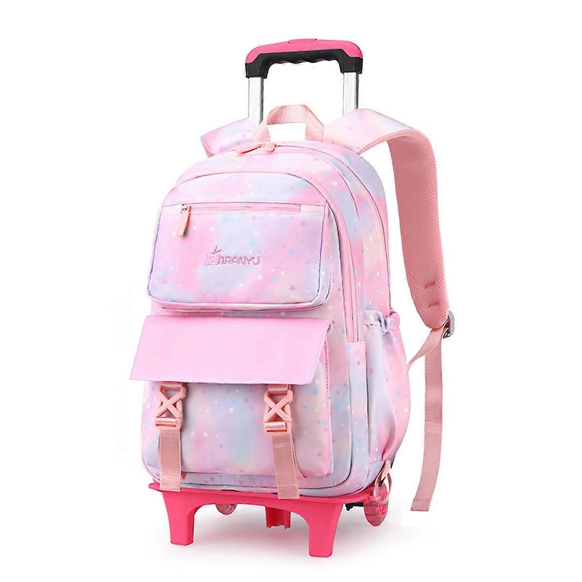 Pink Lightweight Rolling Backpack Large Capacity Wheeled Backpack Nylon School Bag for Students
