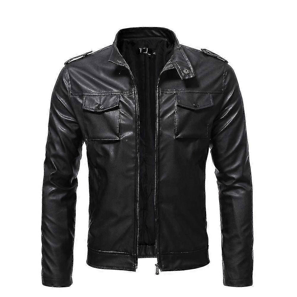 Men Leaer Collared Zipper Motorcycle Jacket Warm Jacket Coat