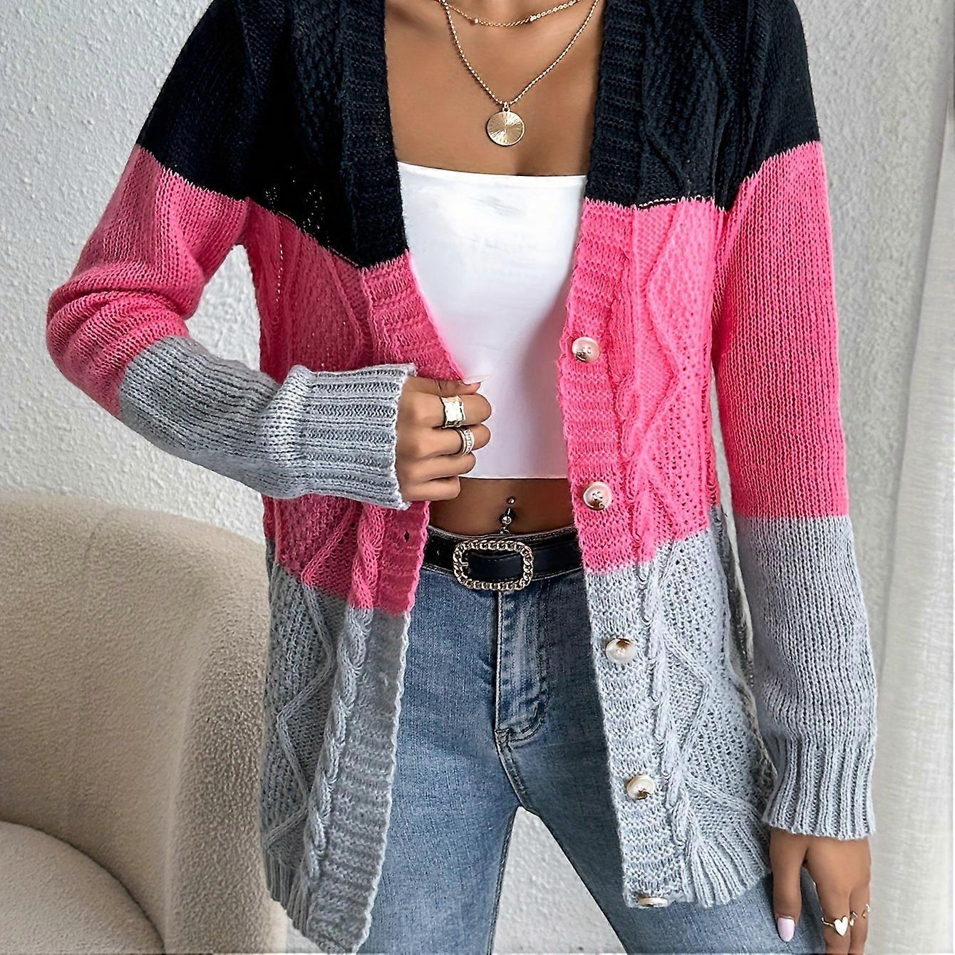Color Block Button Front Cardigan, Casual Long Sleeve Cardigan For Spring & Fall, Women's Clothing