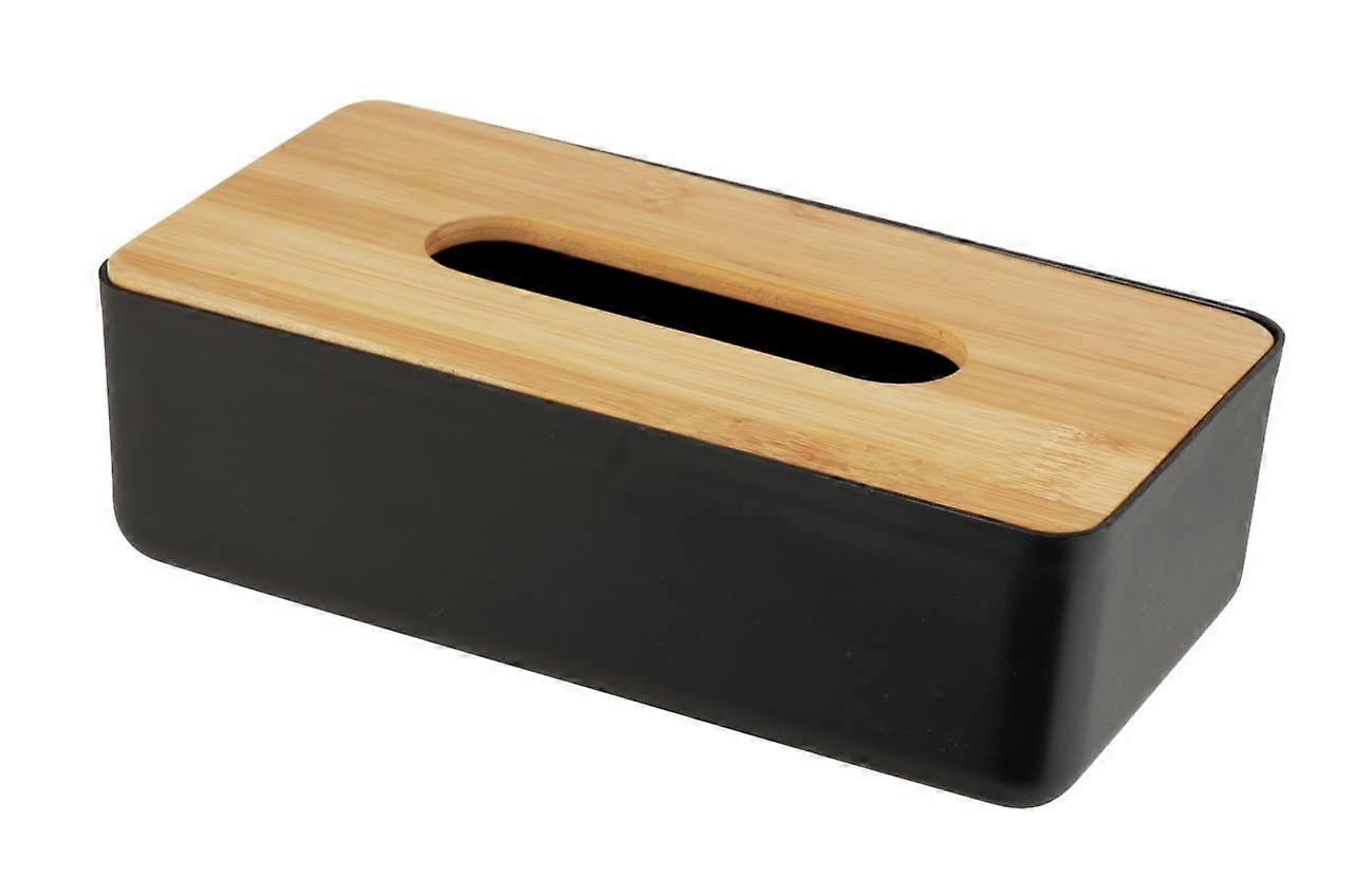 plastic tissue box with bamboo lid, easy to remove, for storing standard cardboard boxes, 24 x 7.5 x 12.7 cm, black/nature