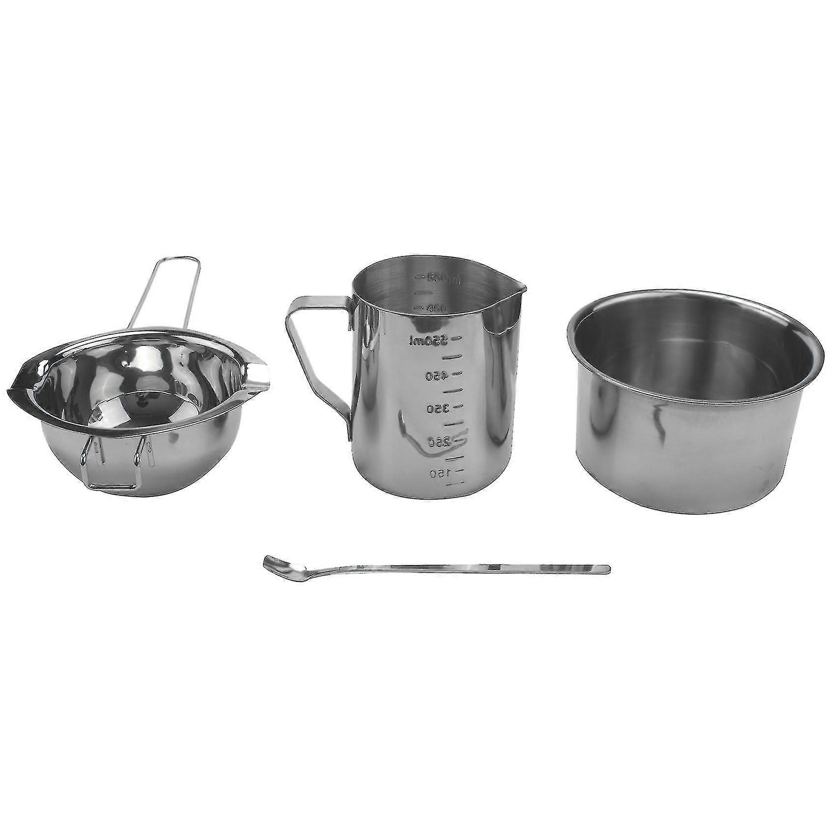 4 Set Paslanmaz Çelik Çift Kazan Uzun Saplı Balmumu Eritme Potası, Sürahi ve Karıştırma Kaşık Mum Sabunu