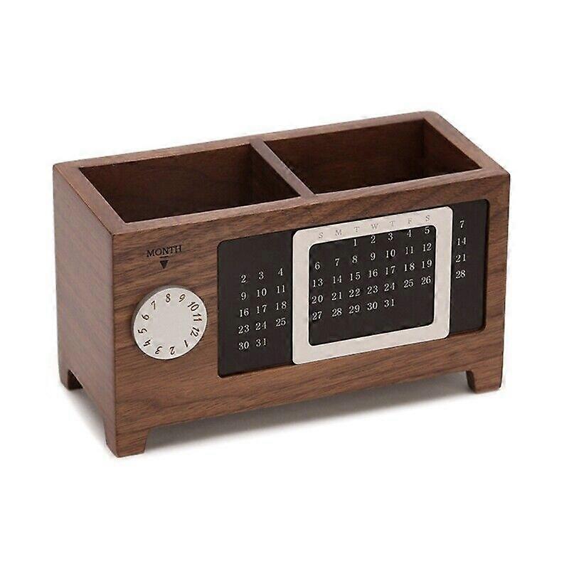 Solid Wood Calendar Pen Holder Multifunction Desktop Office Organizer Stationery
