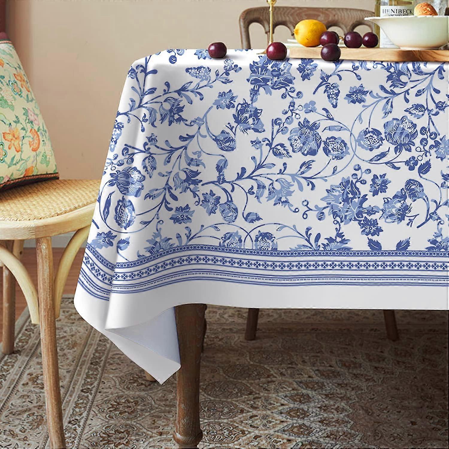 Toalha de Mesa Retangular - Toalha de Mesa Rústica Floral Azul de 60 x 120 Polegadas Capa de Mesa Clássica Estampada Country Decoração de Fazenda, Adequada para Casa,
