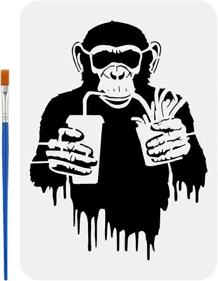 Banksy Chimpanzee Stencil for Painting 8.3x11.7inch Hollowed Banksy Graffiti Template with Brush A Chimpanzee with Fast Food Painting Stencil Monkey S