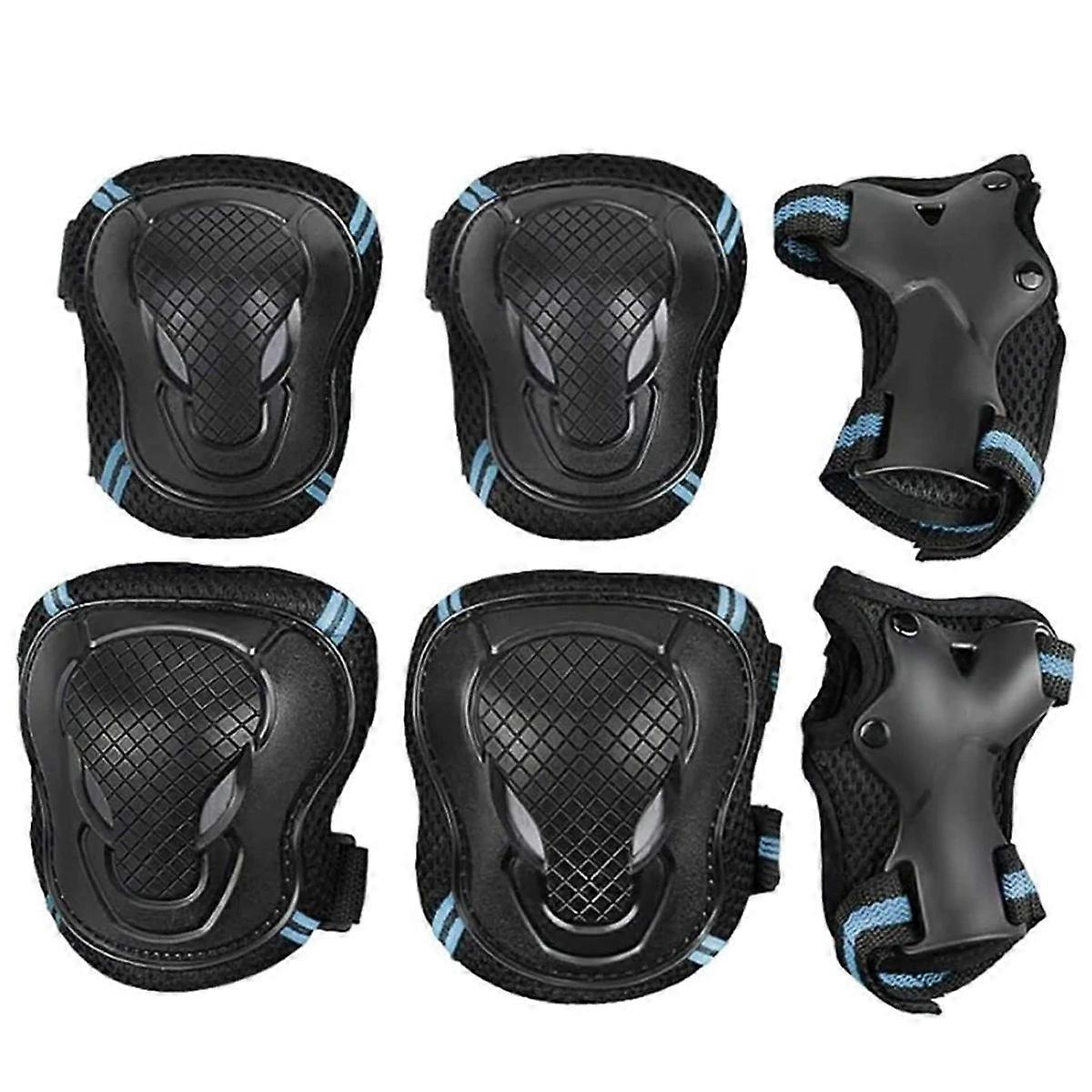 Kids/Teenagers Protective Gear, Knee Pads and Elbow Pads Set with Wrist Guard and Adjustable Strap - Black blue Variant